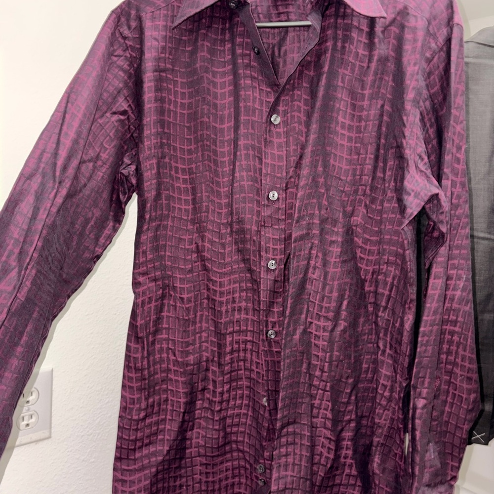 Versace Men's Dress Shirt in Deep Plum Grid Pattern